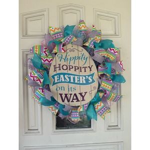 Hippity Hoppity Easter Egg Mesh Ribbon Spring Wreath Door Hanger xxx